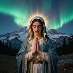 beautiful aurora blend layer praying virgin mary portrait over mt rainier hdr ray tracing long exposure film