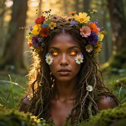 beautiful portrait of a magical forest dryad, flowers on heir cheeks, colorful flowers growing from her head, branches growing as hair, brown skin like soil, glowing ember eyes, golden sunlight, queen of the forest, extremely detailed, hyperrealistic, photo by annie leibovitz, masterpiece, award-winning, mythological, mossy, grass