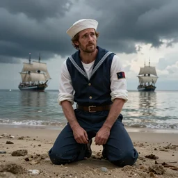 full body portrait of suffering sailor on his knees on a beach, looming dark clouds above reflecting onto the water, sailingship far in the background, by greg rutkowski, octane render, unreal engine, 8 k highly detailed, intricate details, cinematic lighting