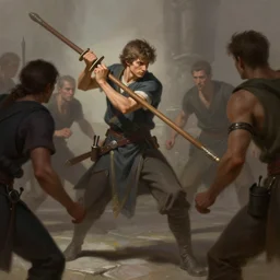 a young man, wielding a wooden quarterstaff in a defensive fight instance. cornered by enemies. intricate, elegant, highly detailed, digital painting, artstation, concept art, sharp focus, illustration, by justin gerard and artgerm, 8 k