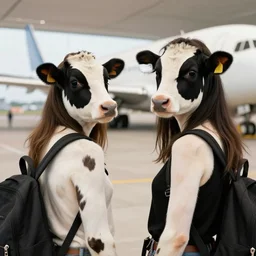 two cute people with holstein pattern skin at the airport near airplane trending flickr technoir detailed portrait