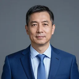a conservative male politician wearing blue clothes, face without smile, hyper realistic