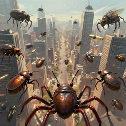 a mass of giant insects and arachnids swarming a city with bullets flying into the mass of bugs : : first person : : air brushed art : : neo tokyo : : 4 k : : 8 k