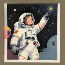 ( ( dither ) ), editorial illustration portrait of a young astronaut girl reaching for the stars, exterior, colorful modern, mads berg, karolis strautniekas, ( ( christopher balaskas ) ), fine texture, dynamic pose, detailed, matte print, muted color, lomography, dramatic lighting, ( ( risograph ) )