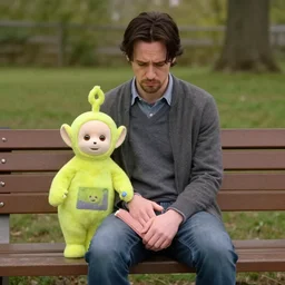 sad keanu sitting on bench with a teletubby