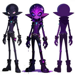 character design sheets for a new vampire squid character, artwork in the style of splatoon from nintendo, art by tim schafer from double fine studios, black light, neon, spray paint, punk outfit, tall thin toothpick like frame adult character, fully clothed, gothic, colorful, sparkles and glitter