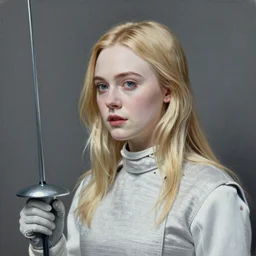 Painting of Elle Fanning fencing, long blonde hair, delicate, pale milky white porcelain skin, by Edward Hopper. 8K. Extremely detailed.