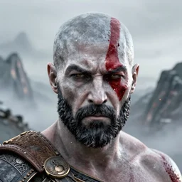 head and shoulders portrait of kratos god of war, light spatter of blood, detailed face, photography by jimmy nelson, dramatic mountain background, golden hour