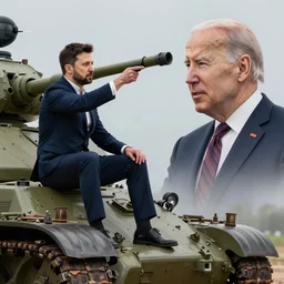joe biden sitting on a tank aiming at the head of vladimir putin, digital art, hyper detailed, artstation, cgsociety