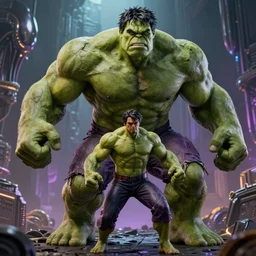 the thing battles the hulk, redesigned by yasushi nirasawa and alex ross, full figure action shot, alien world background, hdr, 8 k, octane render, volumetric lighting