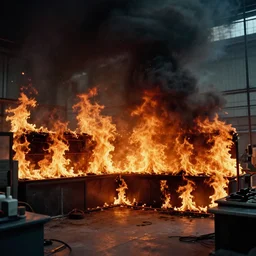 a real photo, filmic wide shot photograph of a laboratory on fire with black smoke and fire everywhere help us scary fire on walls and floor flames boom john carpenters horror film the thing film 1 9 8 2