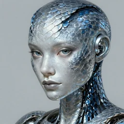 humanoid robot, silver blue snake skin, highly detailed, digital painting, smooth, sharp, beautiful face, expressive eyes, highly intricate, art by Boris Vallejo and alex gray