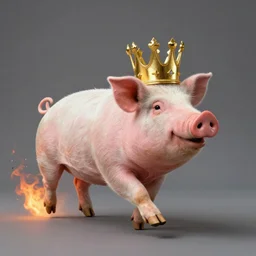 studio photograph of a pig wearing a gold crown depicted as a muppet running on fire