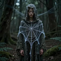 character and environment photography, portrait mystical infested 2 0 - year - old male druid, tattered spiderweb hood and robe, reflective eyes, medium shot, wide angle, 2 0 0 px, low key