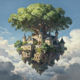 a painting of a giant floating castle high up in the sky with a tree - leaf canopy on top. artstation. painting. high - quality. extremely detailed clouds and foliage