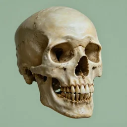 a self portrait by an old skull, pale green background