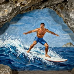 A cave painting of Freddie Mercury surfing on sound waves