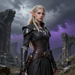 a slim elf from dragon age, ancient ruins in background, storm sky, gradient gray to purple, by nick thornborrow, digital portrait, high detailed, smooth, sharp illustration