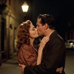 random film still from a 1 9 4 0's film noir movie with a man and woman kissing under a street light