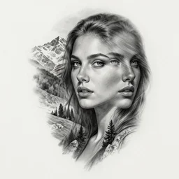 tattoo design sketch of beautiful mountain scenery with a faded beautiful woman face, hyper - realistic, double exposure effect, in the style of matteo pasqualin, amazing detail, black and white, faded