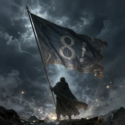 numeral 1 8! printed on a huge cloak standard - bearer ， huge flag, towards the storm, intricate. magic light dust, unreal engine 5, concept art ， by greg rutkowski, loish, highly rendered, digital painting, artstation, artstation hq, mysterious toplight 8 k