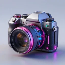 a futuristic cyberpunk neon mechanical camera, 3d render, realistic