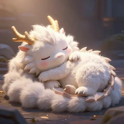 a cute dragon slepping mofumofu, fluffy Full of Light, Animated Film, Cinematography, Atmosphere, Highly Detailed Heavenly Dramatic Lighting, Highly Realistic Cinematic Lighting, Volumetric Lighting, Photography, Anime Style, Cinema, Epic High Dynamic Lighting