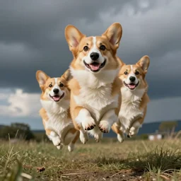 double corgi, double happy , photorealistic, very detailed, jumping up in the air, big eyes.