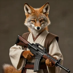 beautiful portrait of a female anthropomorphic coyote fursona wearing jedi robes wielding a m - 2 4 assault rifle. detailed hands. character design by charlie bowater, ross tran, artgerm, and makoto shinkai, detailed, soft lighting, rendered in octane