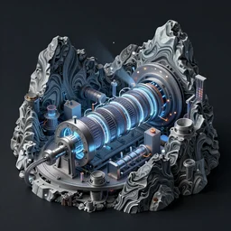 geology illustration macro photography of the psychedelic magical machine within the mountain, with marbled machine strata, wind machinery, hadron collider, super conducters, fibre optics, reactor circuits, isometric, cool dark tones in the style of Luis García Mozos