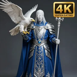 concept art, full body portrait of a men with fully white skin and white glowing eyes holding a while eagle in his arm, photoshop, composite, image composition, ornate, blue and silver, armor, robes, staff, hyperrealistic, 4 k, unreal engine, highly detailed, dramatic lighting, beautiful, award winning photograph