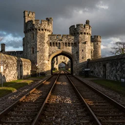 Railway tracks leading through a gatehouse into a castle