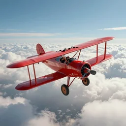 red biplane over clouds style of moebius