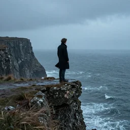 a man wearing a long black coat standing on the edge of a cliff looking out to the sea, windy autumn evening, rain, dusk, art by Craig Mullins and Gret Rutkowski