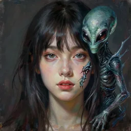 realistic portrait beautiful painting of Sora Aoi mutate into a Alien in Thing film. Horror, created by Thomas Kinkade.