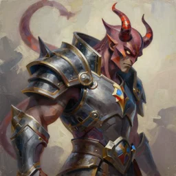 Greg Manchess portrait painting of a demonic, devil armored character from league of legends, medium shot, asymmetrical, profile picture, Organic Painting, sunny day, Matte Painting, bold shapes, hard edges, street art, trending on artstation, by Huang Guangjian and Gil Elvgren and Sachin Teng