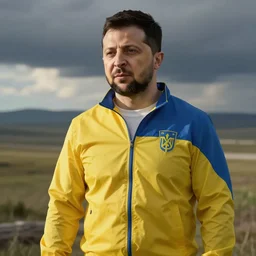 Zelensky as Captain Ukraine, dressed in yellow and blue, film still from The Avengers