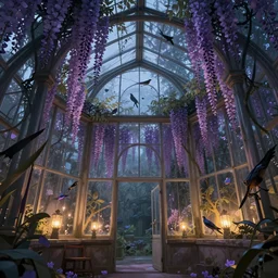 glass greenhouse, another world, birds, wisteria, fairy tale, evening lights, highly detailed, low angle view, artstation, mysterious, comfort, in the style of aetherpunk