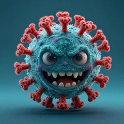 a full studio shot of a deadly virus as movie villain against a dark cyan backdrop. it is sinister yet friendly. hair, fur, fleshy, cute.