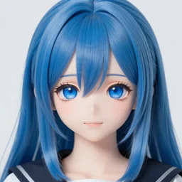 dollfie gothic face, profesional studio portrait, blue hair, blue and bright eyes, zoom in, highly detailed