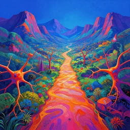 mind exploration, vivid abstract landscape, mountains in background, trees that looks like neurons, main path is visible and energetic, large scale dimentional photo