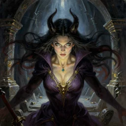a highly detailed symmetrical painting of a female sorcerer with piercing eyes in a dungeon, dynamic lighting, ambient lighting, deviantart, art by frank frazetta and glenn fabry