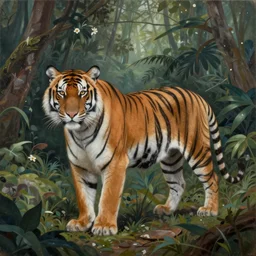 a gorgeous, fantastic, tiger in the jungle by michael kidd, escher, victo ngai, ( thomas kincade ), trending on artstation, artgerm, acrylic on canvas, muted colors