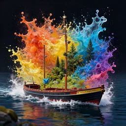 landscape narrow boat splash art graphic design color splash high contrasting art, fantasy, highly detailed, art by greg rutkowski