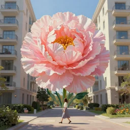 enormous carnation flower head, woman walking between luxury apartments, surreal photography, sunlight, impressionist painting, digital painting, artstation, simon stalenhag
