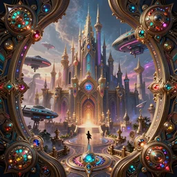 symetrical highly detailed ornate with jewels and precious metals futuristic, sandman kingdom, cyberpunk, neon, tron, close up in the bg entrance castle kingdom of dreams, space ships, hiperrealistc, global illumination, radiant light, detailed and intricate environment, 3 6 0 degrees, panoramic view, drawing by frank lloyd wright art by andreas achenbach
