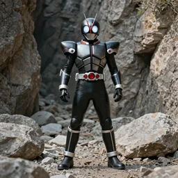 Biomechanical Kamen Rider standing in a rock quarry, single character, full body, 4k, daytime, glowing eyes, rubber suit under armor, tokusatsu, cosplay, ultra realistic, high quality, cinematic, centered, octane render, cinematography