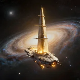 Photorealistic epic science fiction painting of one solitary flying tall ship in space, flying past galaxies, by Rodney Matthews and Roger Dean.  spelljammer, photorealism, UHD, amazing depth, glowing, golden ratio, 3D octane cycle unreal engine 5, volumetric lighting, cinematic lighting, cgstation artstation concept art