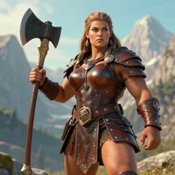 barbarian woman wearing leather breastplate posing with great axe in the mountains | broad body strong robust | volumetric lighting | larry elmore |