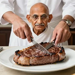 photograph of ghandi ordering a steak, medium rare